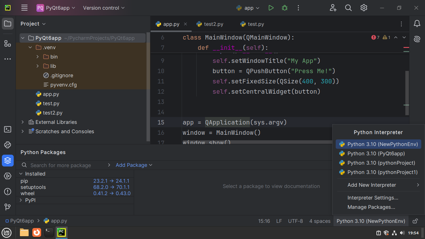 Changing the Python virtual environment in PyCharm