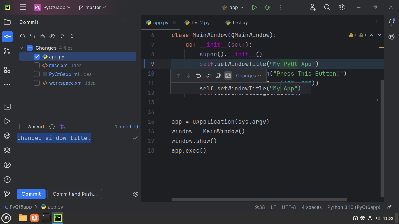 Committing new changes through PyCharm's UI