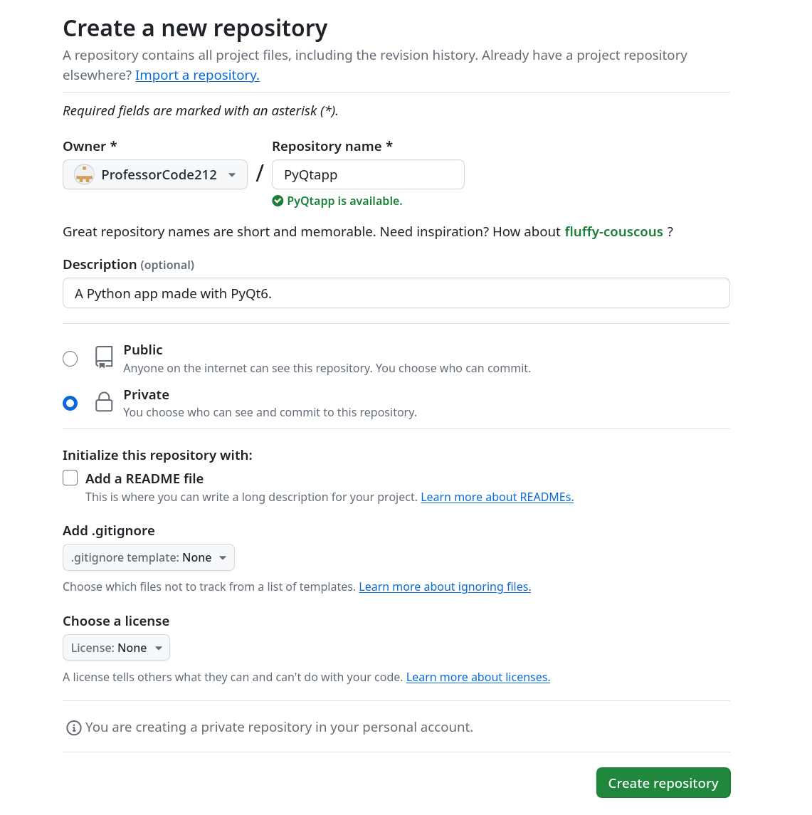 Create a new repository page on GitHub