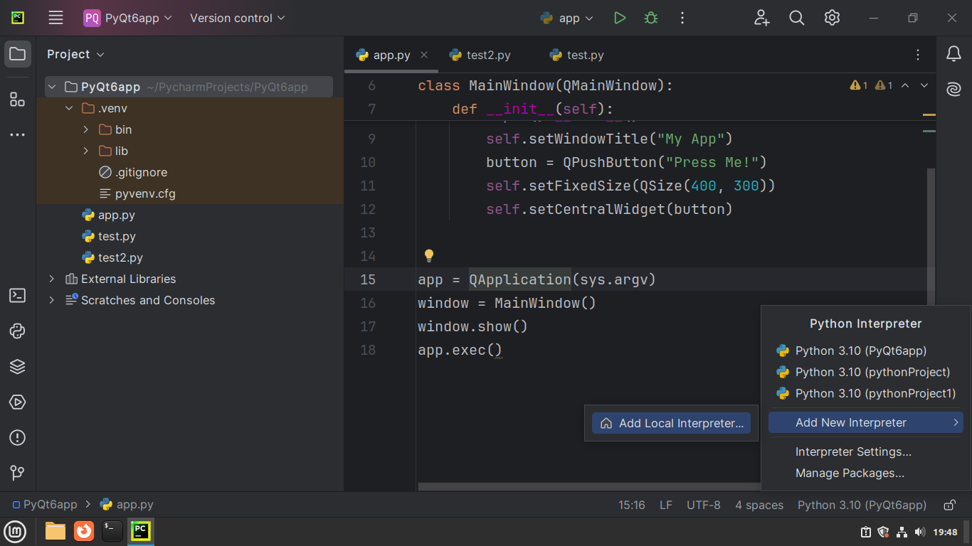 Creating a new Python virtual environment in PyCharm - Step 1