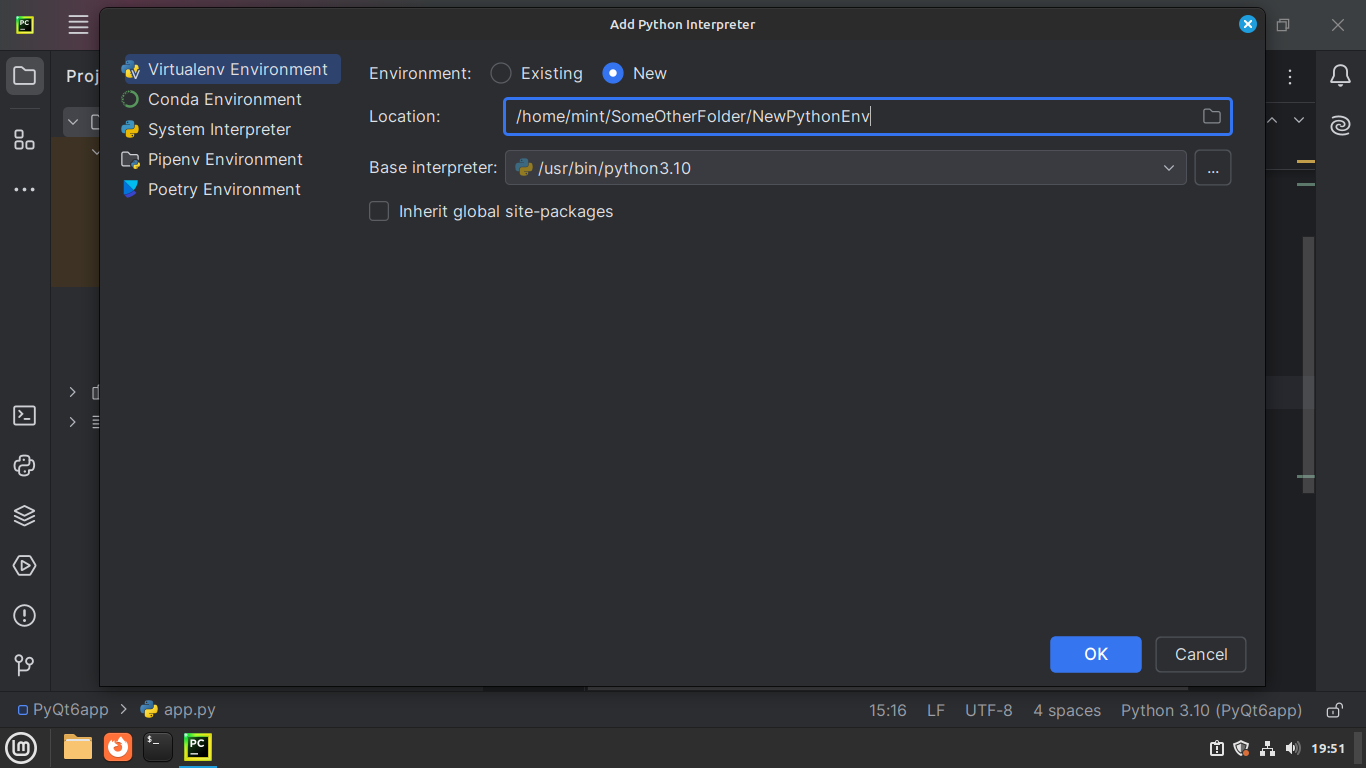 Creating a new Python virtual environment in PyCharm - Step 2