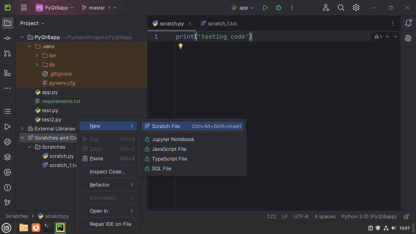 Creating a Scratch file from PyCharm's Project tool window