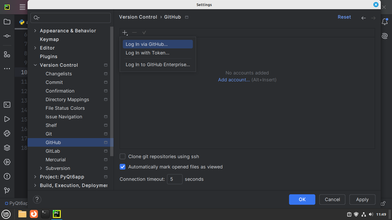 Log in to GitHub through PyCharm's UI