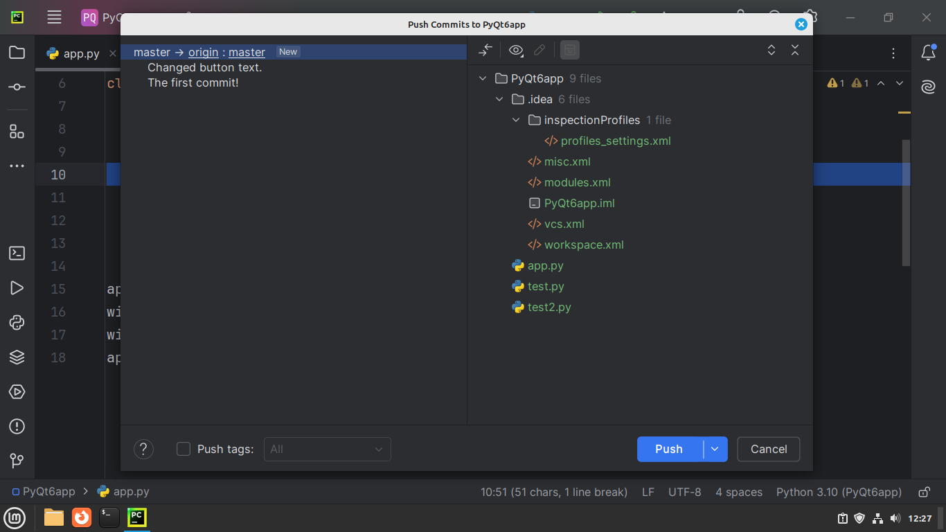 Pushing commits to GitHub through PyCharm's UI