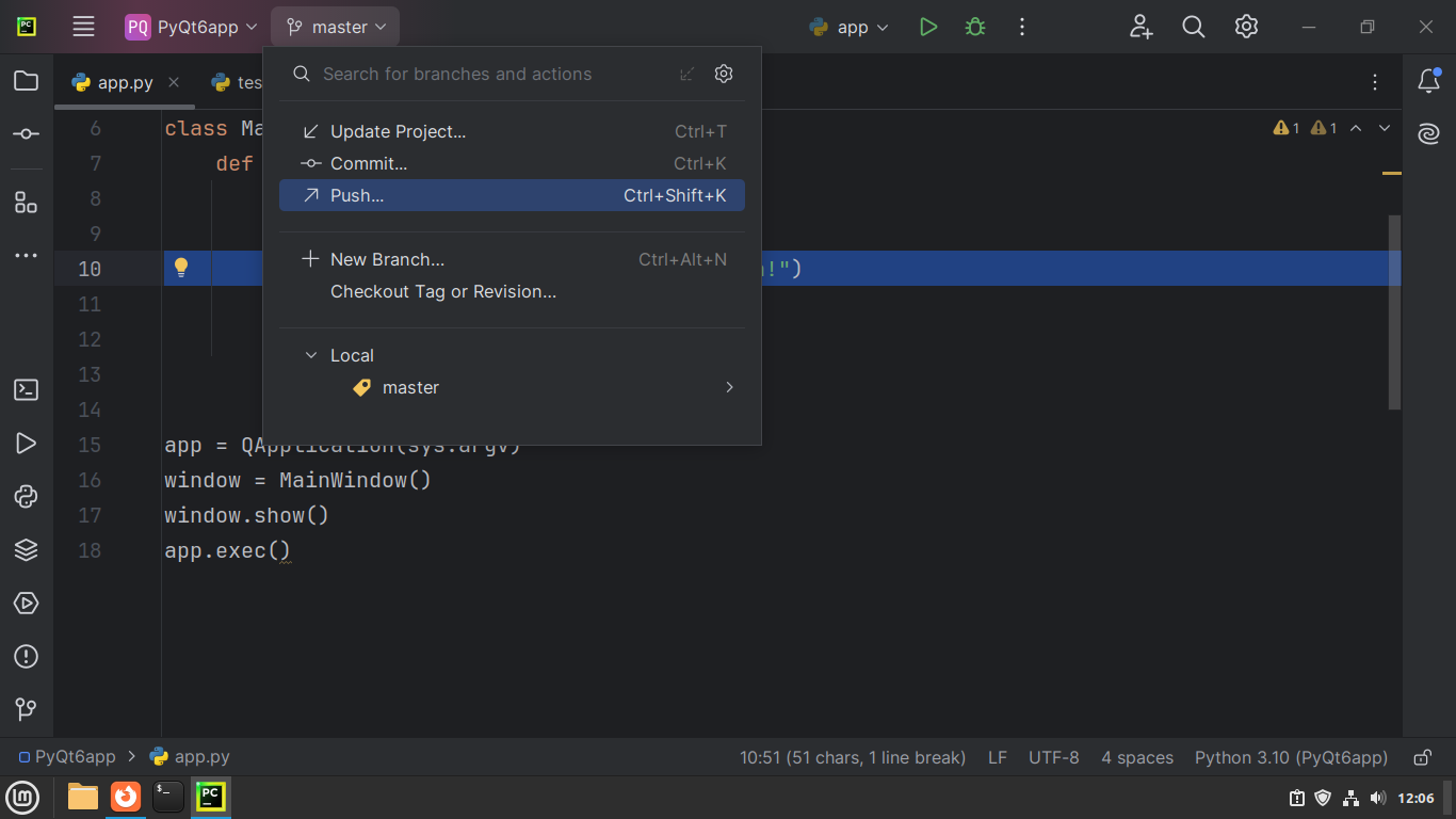 Pushing to GitHub through PyCharm's UI