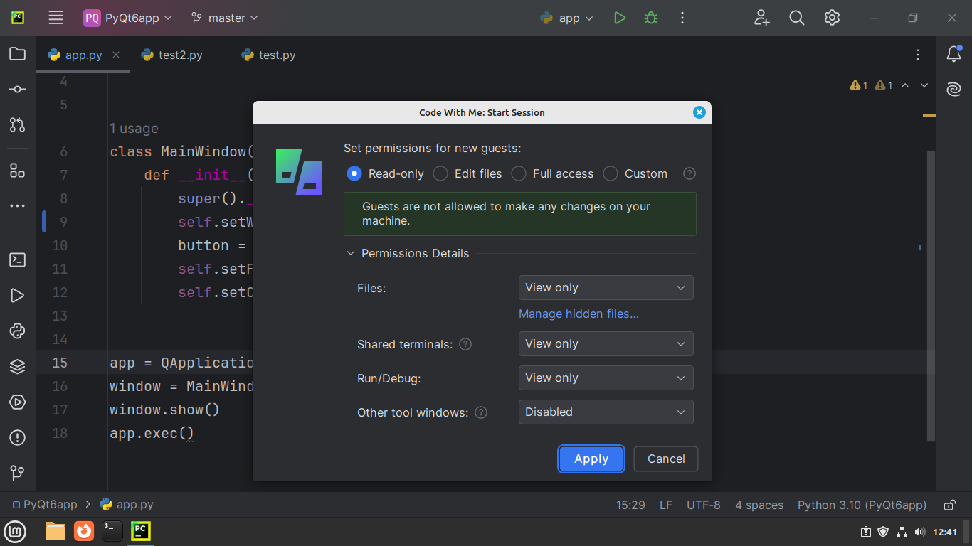 PyCharm's Code With Me: Start Session dialog