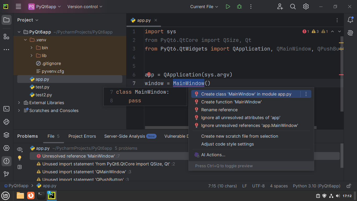 PyCharm's Context Actions pop-up