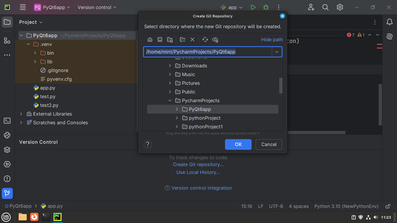 PyCharm's Create Git Repository dialog