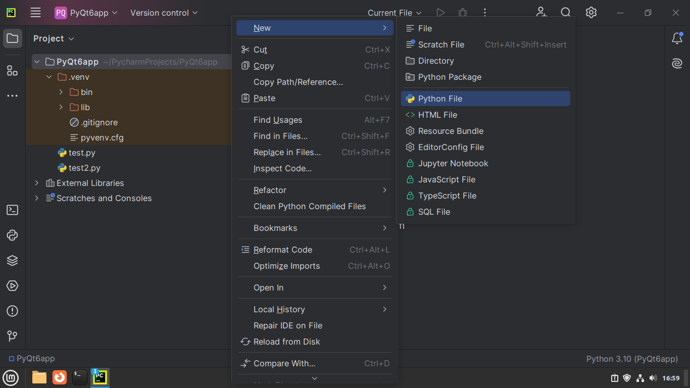 PyCharm's context menu to create a new Python file