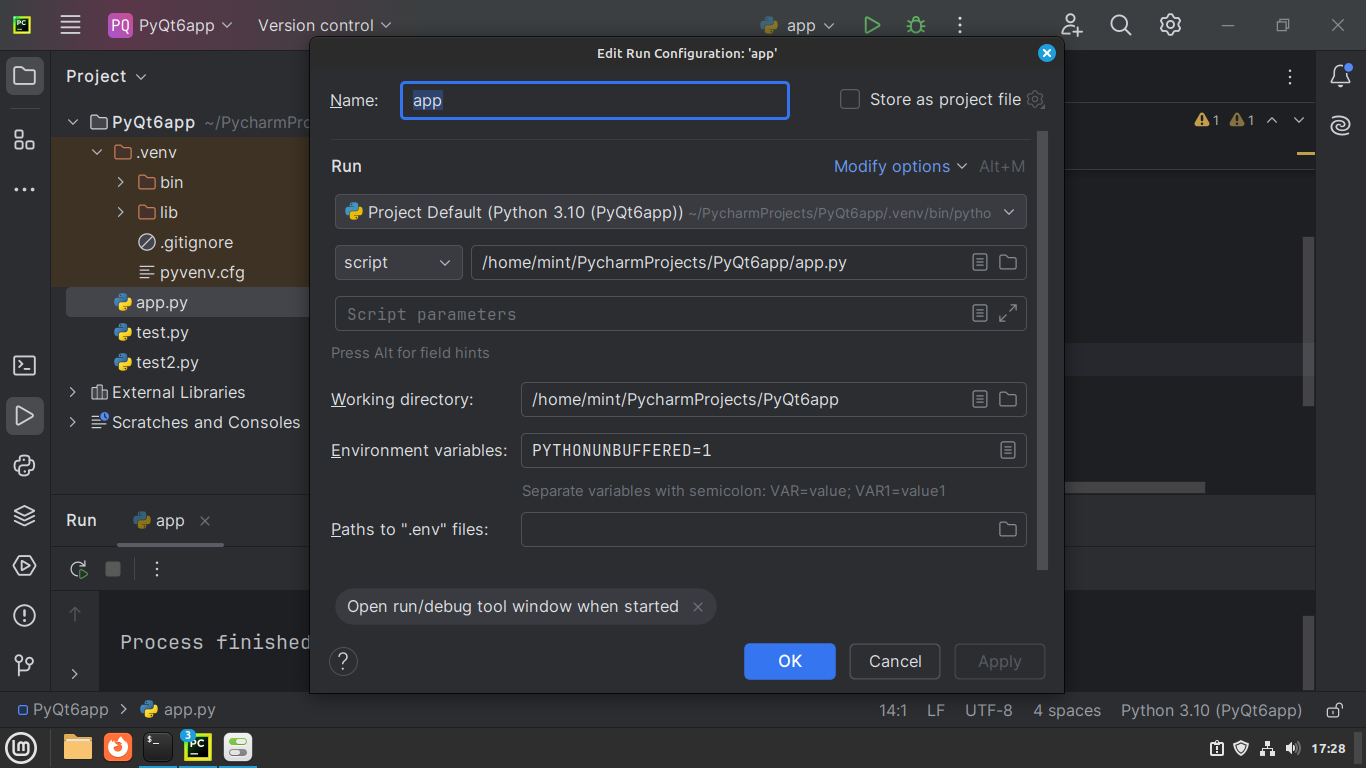 PyCharm's Edit Run Configuration dialog