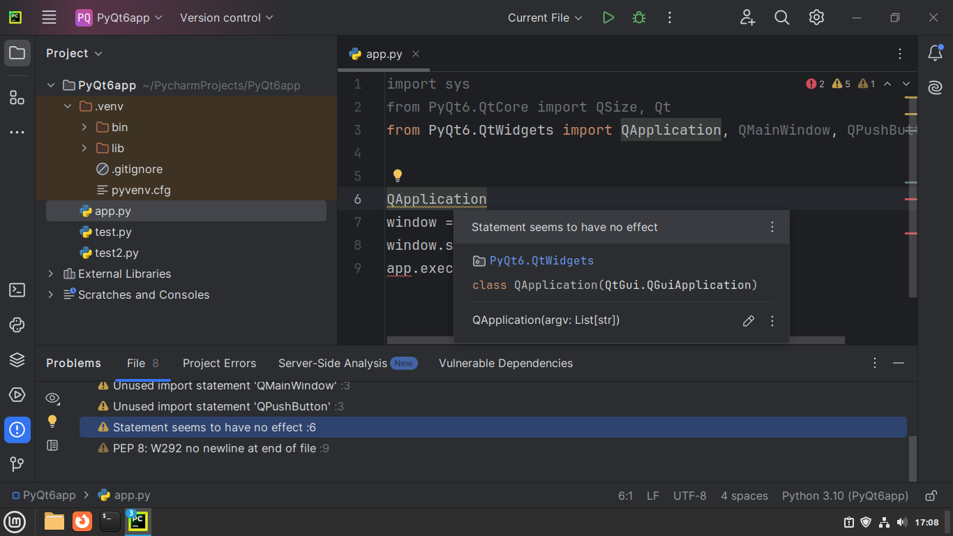 PyCharm's error tips: statement with no effect