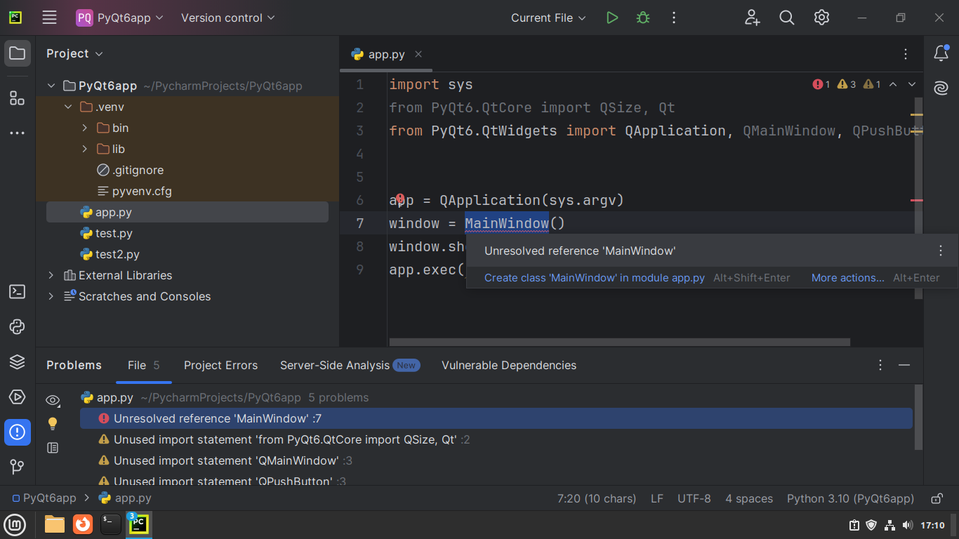 PyCharm's error tips: unresolved reference