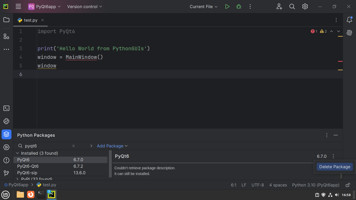 PyCharm's Python Packages tool window showing how to uninstall a package