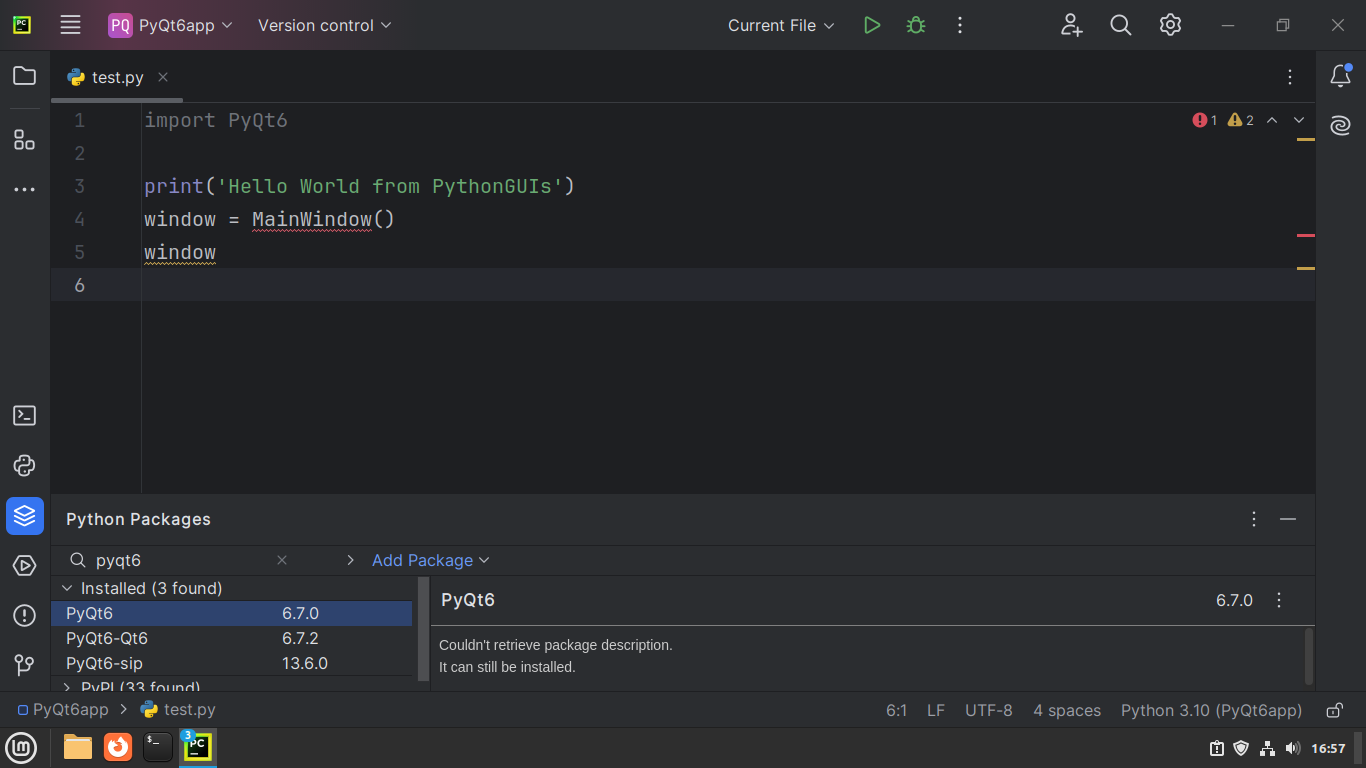 PyCharm's Python Packages tool window with PyQt6 installed