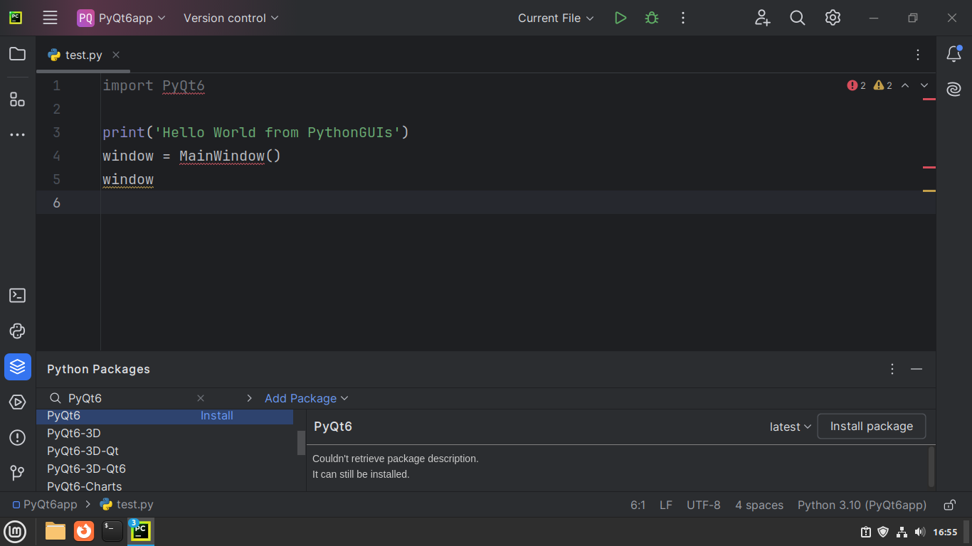 PyCharm's Python Packages tool window with PyQt6 ready to be installed