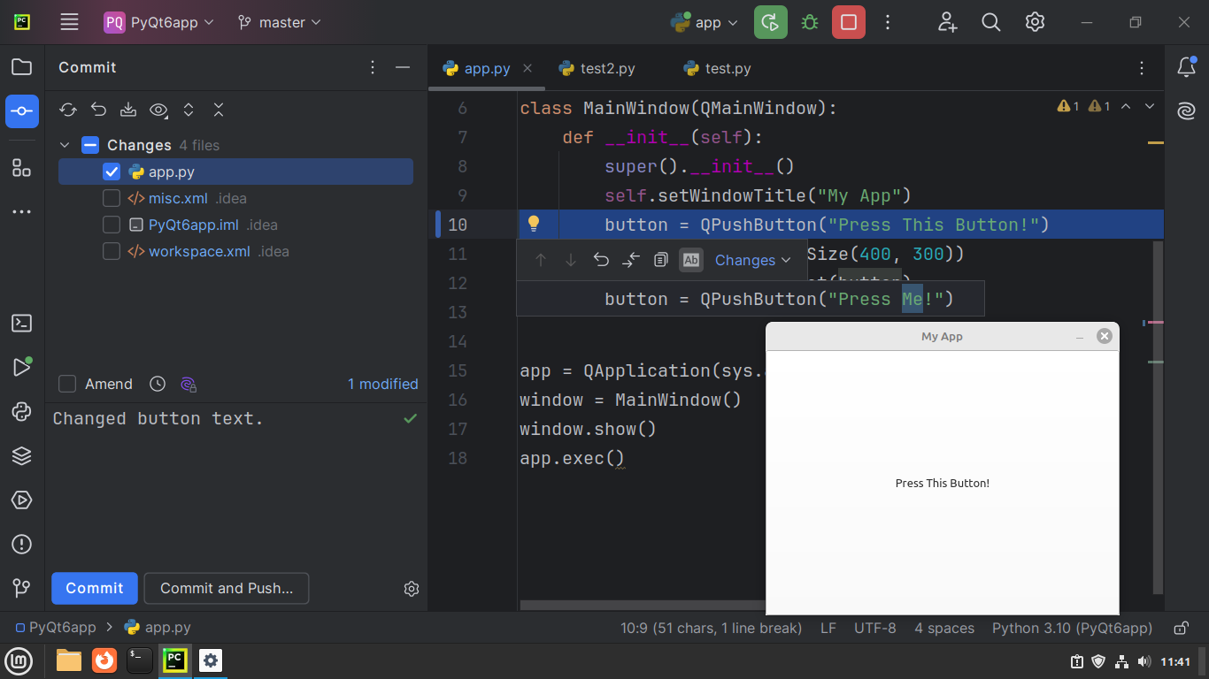 PyCarm showing a colored indicator for modified lines