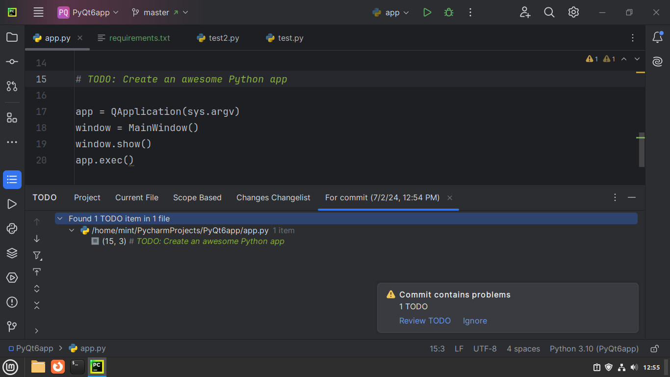 PyCharm showing the number of remaining TODOs