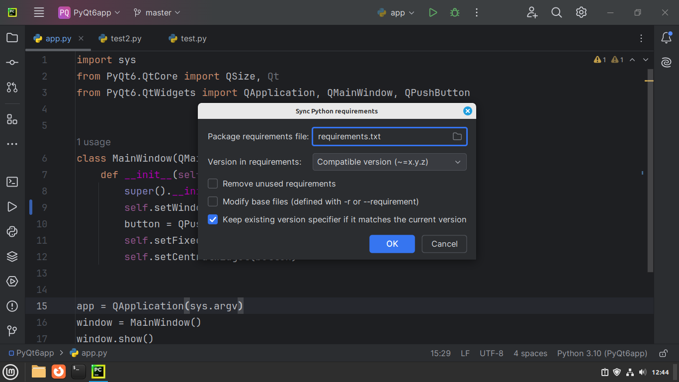 PyCharm's Sync Python Requirements dialog