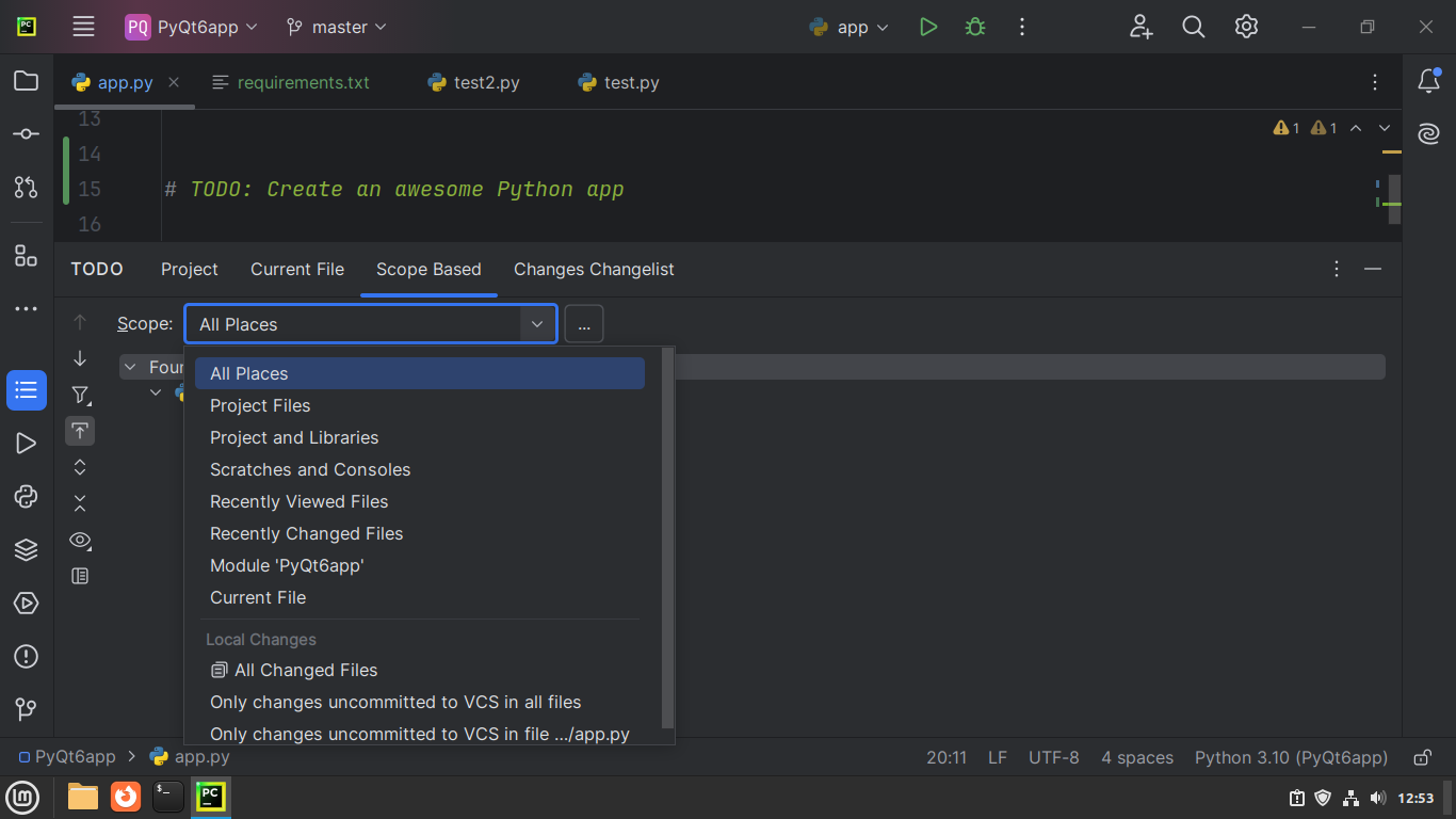 PyCharm's TODO filtering options