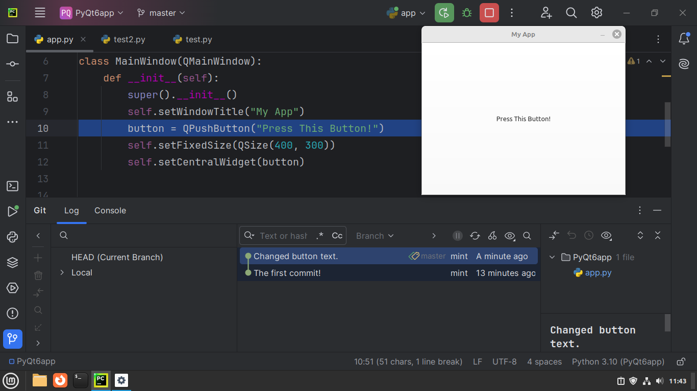 PyCharm's Version Control tool window showing the commit history