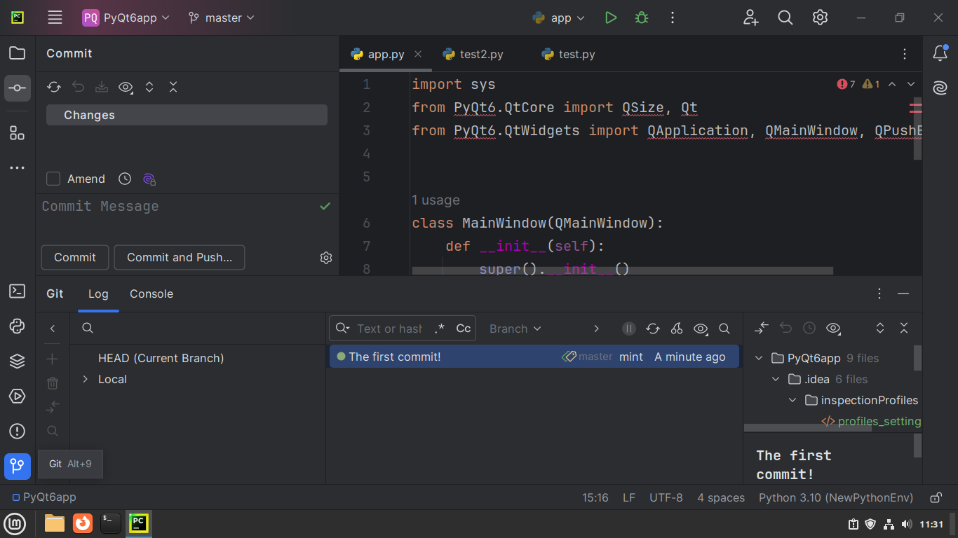 PyCharm's Version Control tool window showing a commit