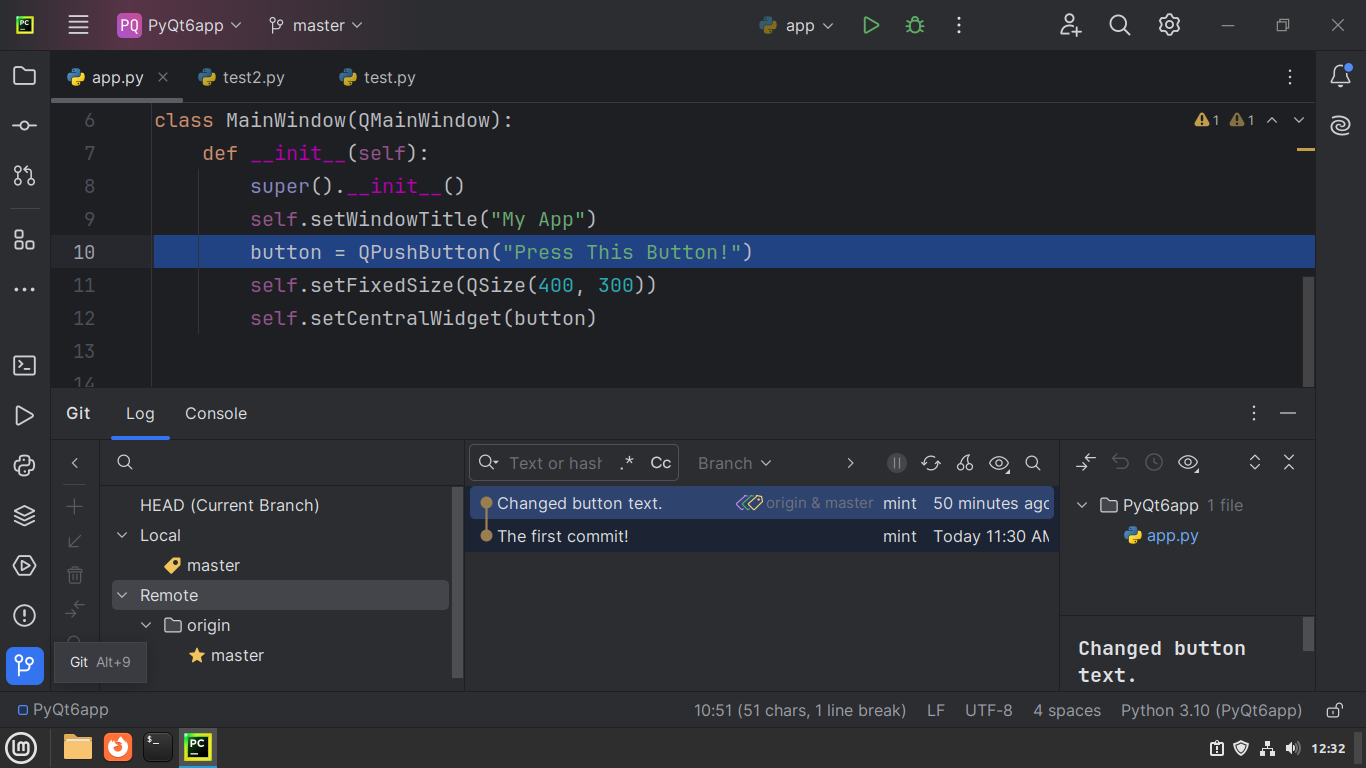 PyCharm's Version Control tool window showing the remote repository