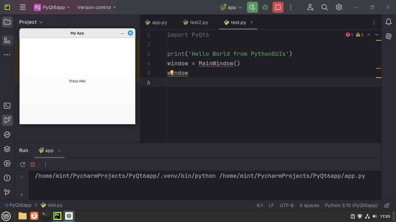 Running code with PyCharm's Run button from the Window Header