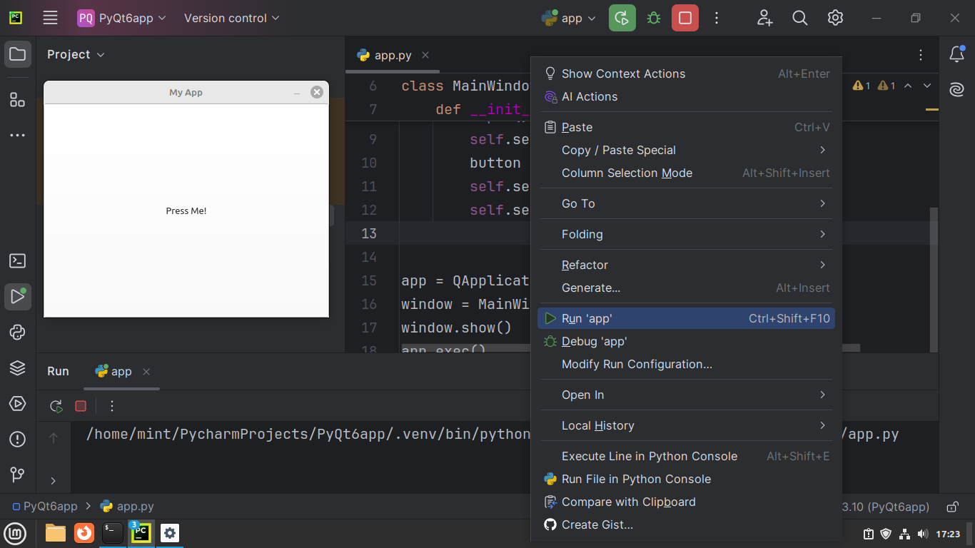 Running code with PyCharm's Run option from the Editor's context menu