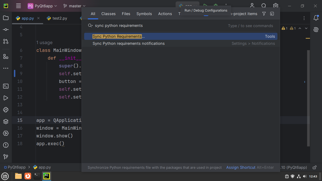 Searching for the Sync Python Requirements action in PyCharm's Search Everywhere