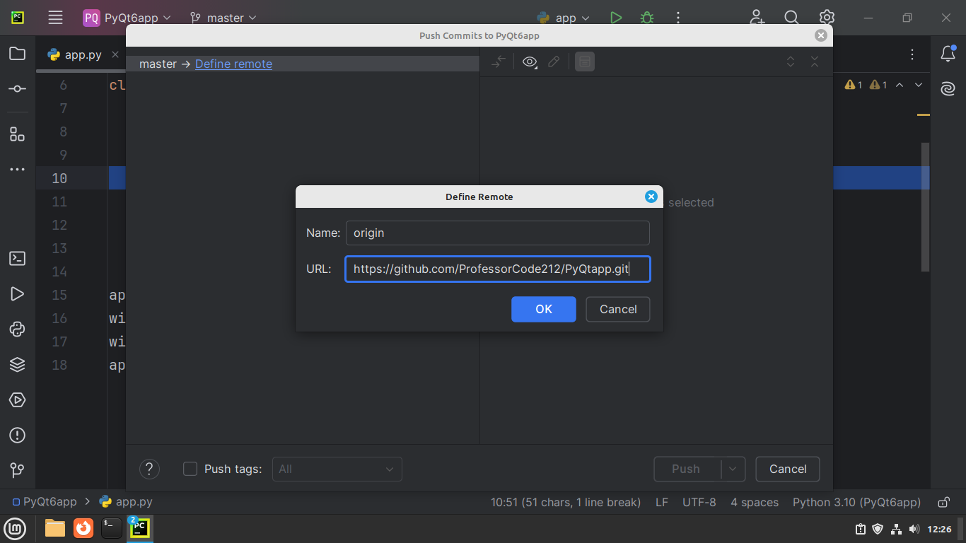 Setting the GitHub repository's URL through PyCharm's UI