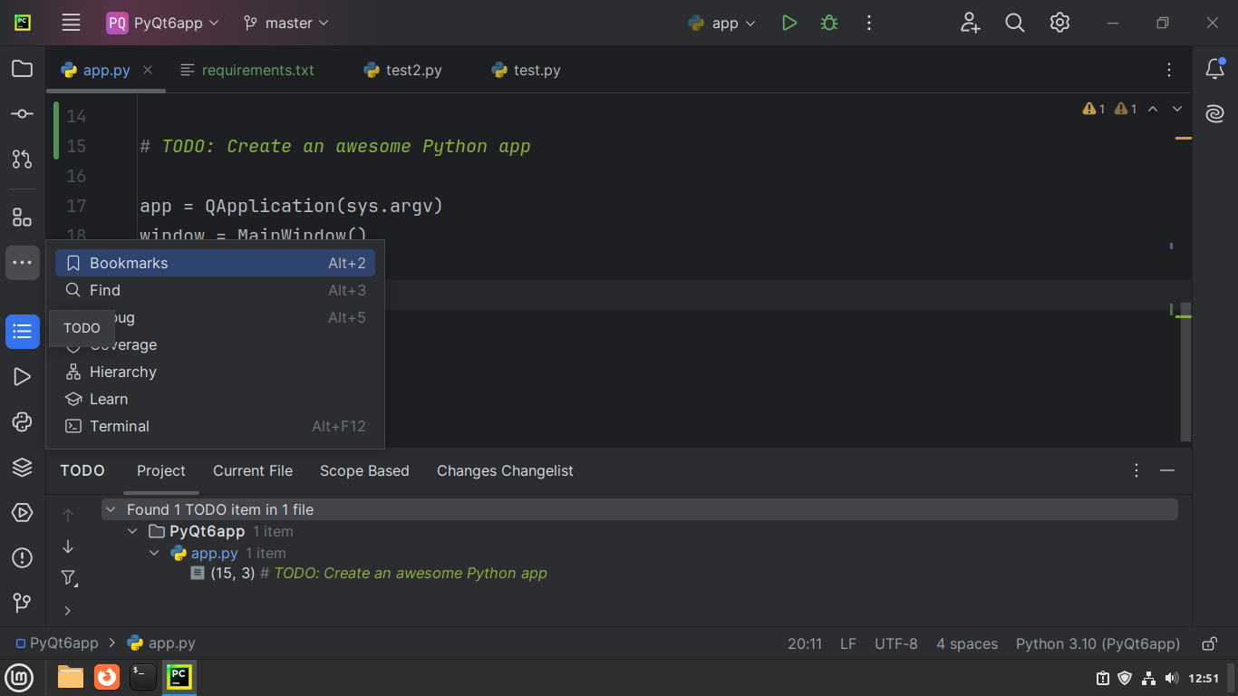 A TODO comment on PyCharm's editor and TODO tool window