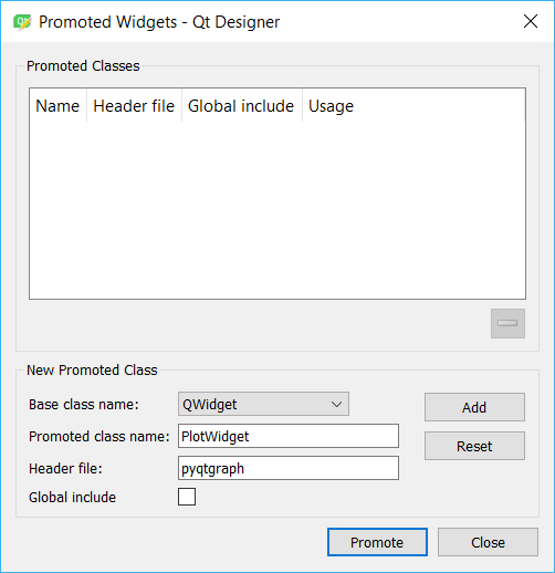 Promote the widget by specifying the class name as PlotWidget and the header file as pyqtgraph.