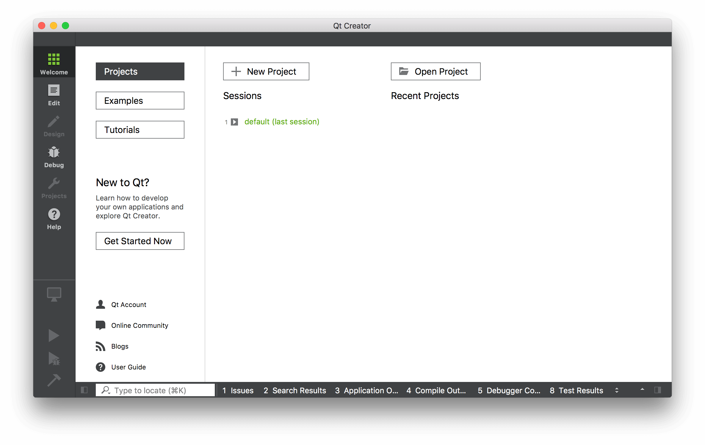 The Qt Creator interface, with the Design section shown on the left.