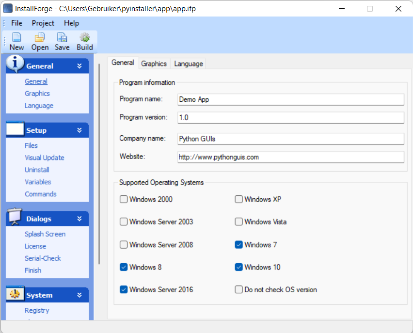 InstallForge initial view, showing General settings