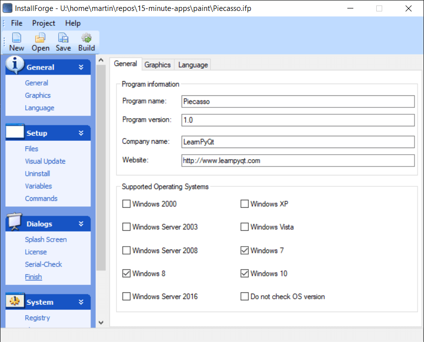 InstallForge initial view, showing General settings