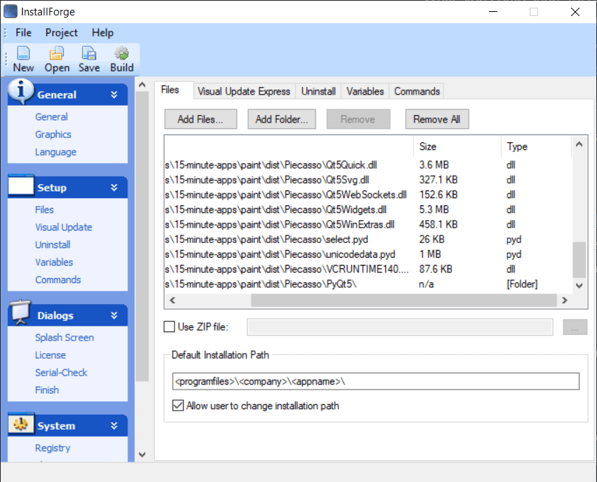 InstallForge Files view, add all files & folders to be packaged