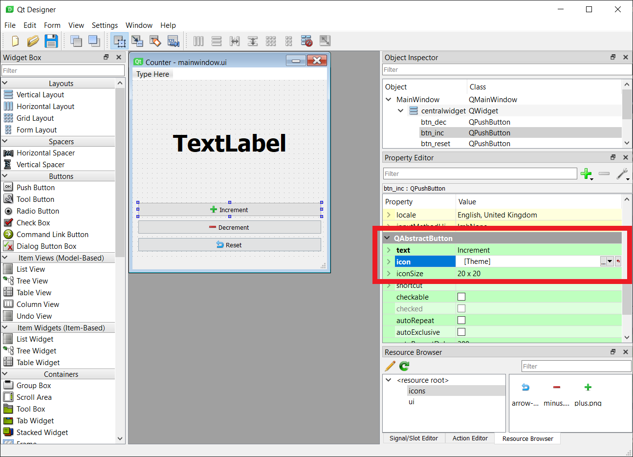 Setting the icon for a button in Qt Designer (or Qt Creator)