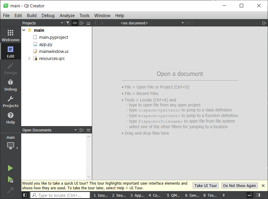 Qt Creator "Edit" view, showing a list of files in the project