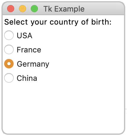 Example of Tkinter radiobutton widgets.